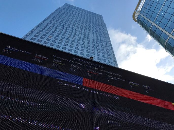 The latest results of Britain's General Election are seen on a screen in London's Canary Wharf financial centre, Britain June 9, 2017. REUTERS/Russell Boyce