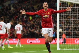 epa05816981 Manchester United's Zlatan Ibrahimovic celebrates after scoring against Southampton during the English Football League cup final soccer match at Wembley Stadium in London, Britain, 26 February 2017. EPA/ANDY RAIN EDITORIAL USE ONLY. No use with unauthorized audio, video, data, fixture lists, club/league logos or 'live' services. Online in-match use limited to 75 images, no video emulation. No use in betting, games or single club/league/player publications.
