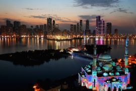 SHARJAH, UNITED ARAB EMIRATES - FEBRUARY 09: A general view of Al Noor Mosque during the Sharjah Light Festival on February 9, 2017 in Sharjah, United Arab Emirates. (Photo by Francois Nel/Getty Images)