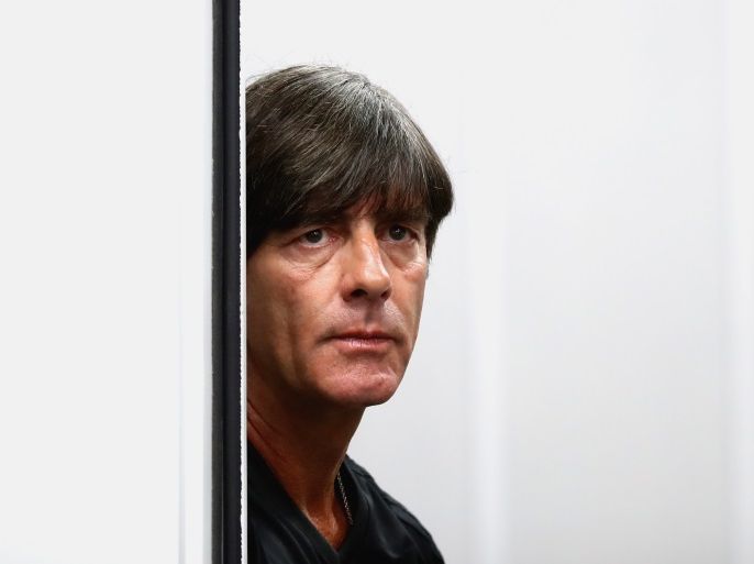SOCHI, RUSSIA - JUNE 18: Joachim Loew, head coach of the German national team looks on prior to a team Germany press conference at Fisht stadium on June 18, 2017 in Sochi, Russia. Germany will play against Australia on their Group B FIFA Confederation Cup Russia 2017 match on June 19, 2017 in Sochi, Russia. (Photo by Alexander Hassenstein/Bongarts/Getty Images)