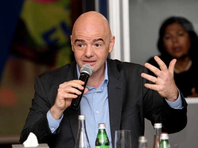 FIFA President Gianni Infantino gestures during a media roundtable in Doha, Qatar February 16, 2017. REUTERS/Naseem Zeitoon