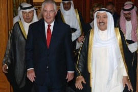 U.S. Secretary of State Rex Tillerson (L) meets with Emir of Kuwait Sabah Al-Ahmad Al-Jaber Al-Sabah in Kuwait City, Kuwait July 10, 2017. Kuwait News Agency (KUNA)/Handout via REUTERS ATTENTION EDITORS - THIS IMAGE WAS PROVIDED BY A THIRD PARTY. NO RESALES. NO ARCHIVES