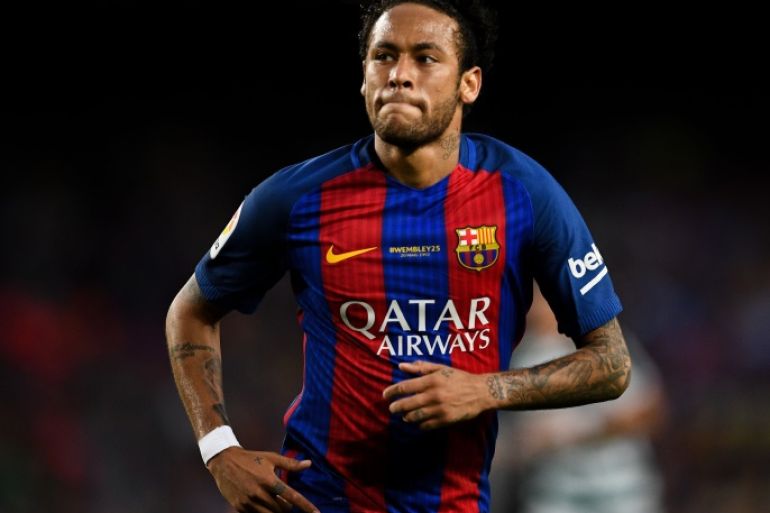 BARCELONA, SPAIN - MAY 21: (EDITORS NOTE: This image has been converted to black and white) Neymar Jr. of FC Barcelona looks on during the La Liga match between Barcelona and Eibar at Camp Nou on 21 May, 2017 in Barcelona, Spain. (Photo by David Ramos/Getty Images)