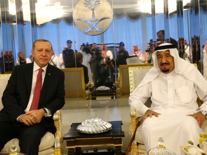 Turkish President Tayyip Erdogan meets with Saudi Arabia's King Salman bin Abdulaziz Al Saud in Jeddah, Saudi Arabia, July 23, 2017. Kayhan Ozer/Presidential Palace/Handout via REUTERS ATTENTION EDITORS - THIS IMAGE HAS BEEN SUPPLIED BY A THIRD PARTY. NO RESALES. NO ARCHIVES