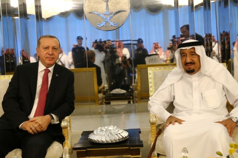 Turkish President Tayyip Erdogan meets with Saudi Arabia's King Salman bin Abdulaziz Al Saud in Jeddah, Saudi Arabia, July 23, 2017. Kayhan Ozer/Presidential Palace/Handout via REUTERS ATTENTION EDITORS - THIS IMAGE HAS BEEN SUPPLIED BY A THIRD PARTY. NO RESALES. NO ARCHIVES