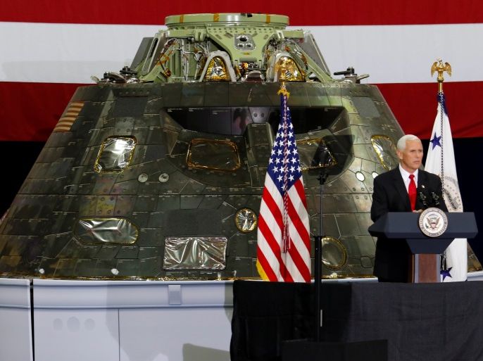 U.S. Vice President Mike Pence visits the Kennedy Space Center, Florida July 6, 2017. Seen behind him is the Orion Capsule that will be launched at a future date. REUTERS/Mike Brown