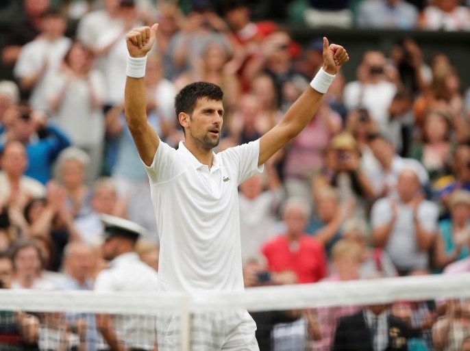 Tennis - Wimbledon - London, Britain - July 11, 2017 Serbia’s Novak Djokovic celebrates winning the fourth round match against France’s Adrian Mannarino REUTERS/Matthew Childs