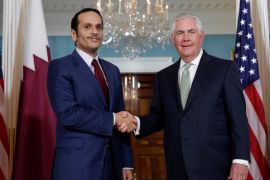 U.S. Secretary of State Rex Tillerson (R) shakes hands with with Qatari Foreign Minister Sheikh Mohammed bin Abdulrahman Al Thani before their meeting at the State Department in Washington, U.S., June 27, 2017. REUTERS/Yuri Gripas