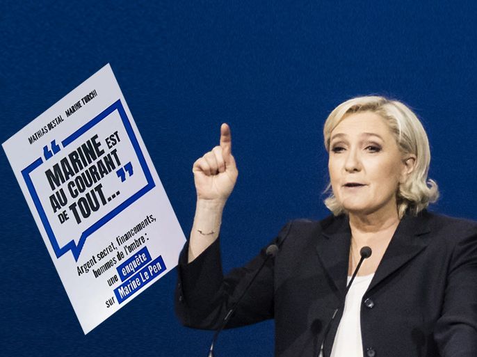 تصميم يجمع بين صورة غلاف كتاب وزعيمة الجبهة الوطنية الفرنسية مارين لوبان
