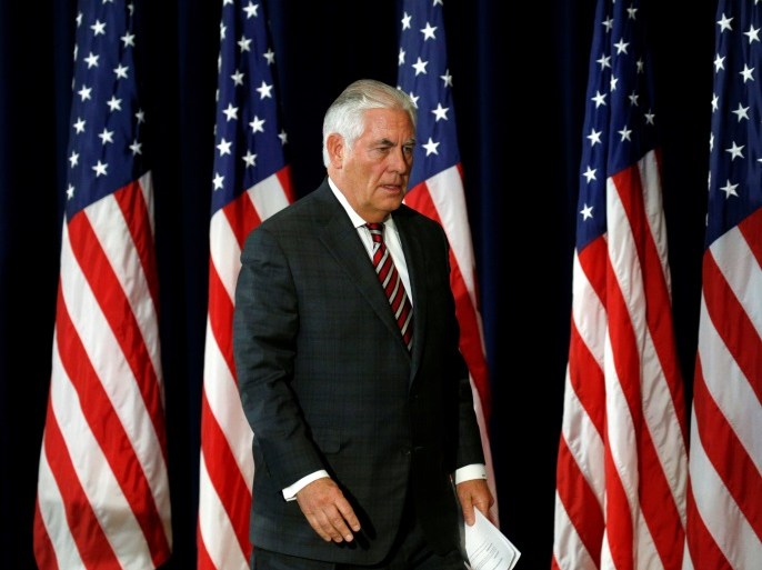 U.S. Secretary of State Rex Tillerson departs after holding a press conference following talks with Chinese diplomatic and defense chiefs at the State Department in Washington, U.S. June 21, 2017. REUTERS/Kevin Lamarque