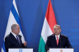 Hungarian Prime Minister Viktor Orban (R) and Israeli Prime Minister Benjamin Netanyahu attend a news conference in Budapest, Hungary, July 18, 2017. REUTERS/Bernadett Szabo