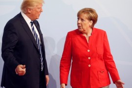 German Chancellor Angela Merkel welcomes U.S. President Donald Trump at the G20 leaders summit in Hamburg, Germany July 7, 2017. REUTERS/Axel Schmidt