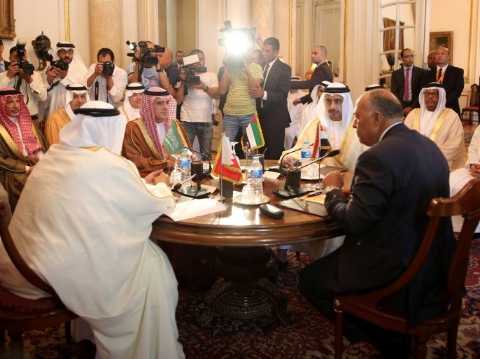 Saudi Foreign Minister Adel al-Jubeir (2-L), UAE Foreign Minister Abdullah bin Zayed al-Nahyan (2-R), Egyptian Foreign Minister Sameh Shoukry (R), and Bahraini Foreign Minister Khalid bin Ahmed al-Khalifa (L) meet to discuss the diplomatic situation with Qatar, in Cairo, Egypt, July 5, 2017. The Foreign Ministers meetingis held after Qatar sent a formal letter of response to the 13-points list of demands to the emir of Kuwait, the main mediator in the Gulf crisis, in re