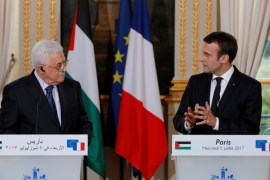 French President Emmanuel Macron (R) and Palestinian President Mahmoud Abbas (L) attend a joint statement after a meeting at the Elysee Palace in Paris, France, July 5, 2017. REUTERS/Philippe Wojazer