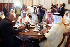 Saudi Foreign Minister Adel al-Jubeir (2-R), UAE Foreign Minister Abdullah bin Zayed al-Nahyan (R), Egyptian Foreign Minister Sameh Shoukry (L), and Bahraini Foreign Minister Khalid bin Ahmed al-Khalifa (2-L) meet to discuss the diplomatic situation with Qatar, in Cairo, Egypt, July 5, 2017. The Foreign Ministers meetingis held after Qatar sent a formal letter of response to the 13-points list of demands to the emir of Kuwait, the main mediator in the Gulf crisis, in re