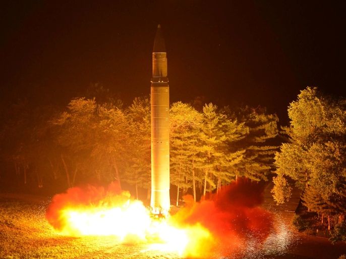 Intercontinental ballistic missile (ICBM) Hwasong-14 is pictured during its second test-fire in this undated picture provided by KCNA in Pyongyang on July 29, 2017. KCNA via Reuters ATTENTION EDITORS - THIS IMAGE WAS PROVIDED BY A THIRD PARTY. REUTERS IS UNABLE TO INDEPENDENTLY VERIFY THIS IMAGE. SOUTH KOREA OUT. NO THIRD PARTY SALES. NOT FOR USE BY REUTERS THIRD PARTY DISTRIBUTORS.Ê
