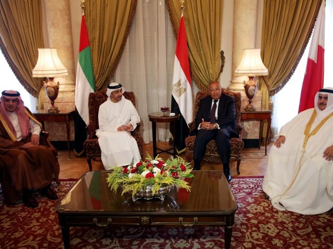Saudi Foreign Minister Adel al-Jubeir (L), UAE Foreign Minister Abdullah bin Zayed al-Nahyan (C-L), Egyptian Foreign Minister Sameh Shoukry (C-R), and Bahraini Foreign Minister Khalid bin Ahmed al-Khalifa meet to discuss the diplomatic situation with Qatar, in Cairo, Egypt, July 5, 2017. The Foreign Ministers meetingis held after Qatar sent a formal letter of response to the 13-points list of demands to the emir of Kuwait, the main mediator in the Gulf crisis, in response to diplomatic and economic sanctions from Saudi Arabia and its allies, Egypt, the United Arab Emirates (UAE) and Bahrain on allegations that Qatar is funding extremism. REUTERS/Khaled Elfiqi/Pool