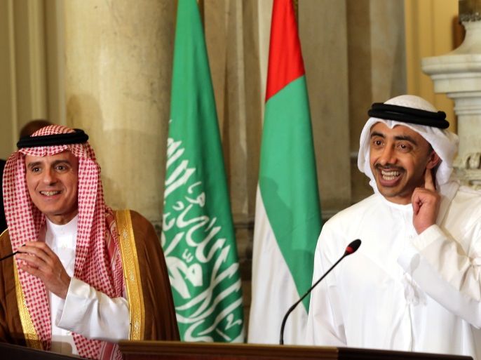 Saudi Foreign Minister Adel al-Jubeir and UAE Foreign Minister Abdullah bin Zayed al-Nahyan attend a press conference after their meeting that discussed the diplomatic situation with Qatar, in Cairo, Egypt July 5, 2017. REUTERS/Khaled Elfiqi/Pool *** Local Caption *** *** Local Caption ***