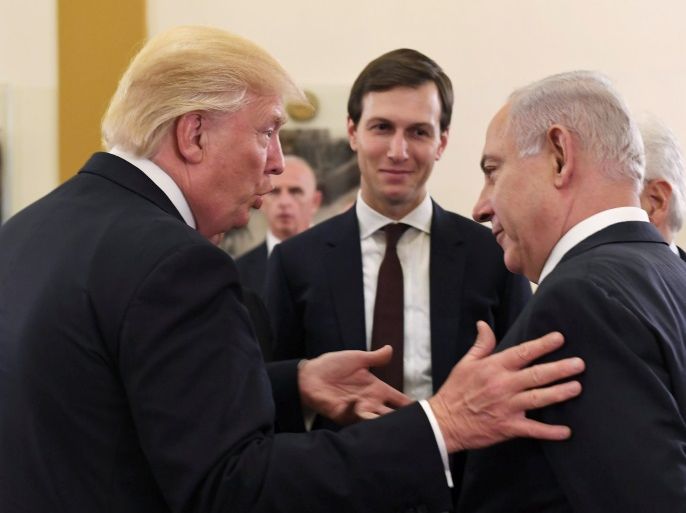 Israel's Prime Minister Benjamin Netanyahu and U.S. President Donald Trump chat as White House senior advisor Jared Kushner is seen in between them, during their meeting at the King David hotel in Jerusalem May 22, 2017. Kobi Gideon/Courtesy of Government Press Office/Handout via Reuters THIS PICTURE WAS PROVIDED BY A THIRD PARTY. FOR EDITORIAL USE ONLY. NOT FOR SALE FOR MARKETING OR ADVERTISING CAMPAIGNS. ISRAEL OUT. NO SALES IN ISRAEL