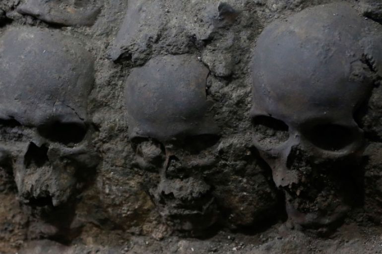 Skulls are seen at a site where more than 650 skulls caked in lime and thousands of fragments were found in the cylindrical edifice near Templo Mayor, one of the main temples in the Aztec capital Tenochtitlan, which later became Mexico City, Mexico June 30, 2017. Picture taken June 30, 2017. REUTERS/Henry Romero