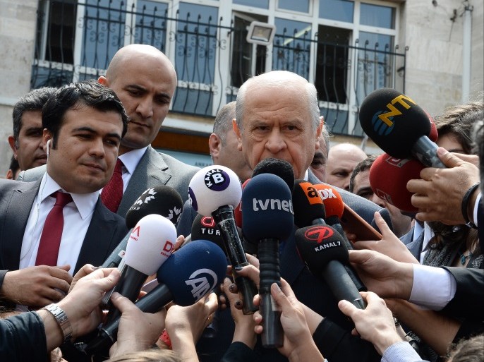 ANKARA, TURKEY - APRIL 16: Nationalist Movement Party (MHP) leader Devlet Bahceli speaks to media at a polling station during a referendum in Ankara, April 16, 2017 Turkey. Millions of Turks are heading to the polls to vote on a set of 18 proposed amendments to the Constitution of Turkey. A 'Yes' vote would grant President Recep Tayyip Erdogan, who seeking to replace Turkey's parliamentary system, with full executive powers. (Photo by Elif Sogut/Getty Images)