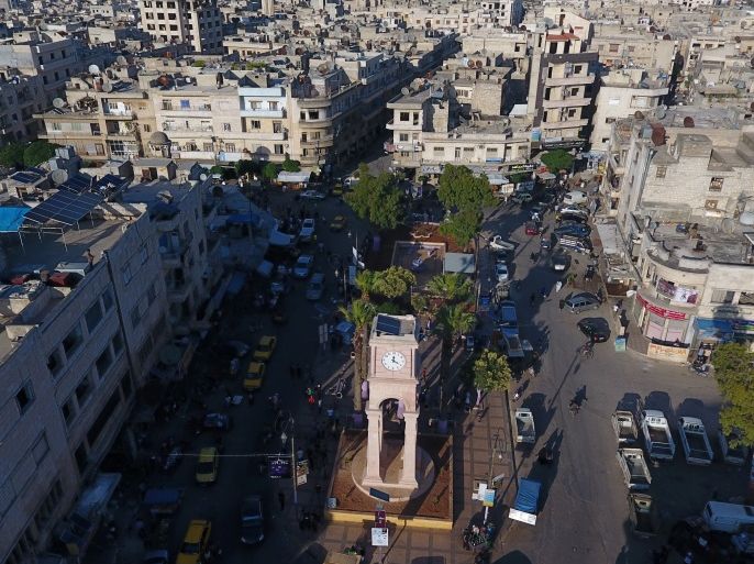 A general view taken with a drone shows the Clock Tower of the rebel-held Idlib city, Syria June 8, 2017. Picture taken June 8, 2017. REUTERS/Ammar Abdullah