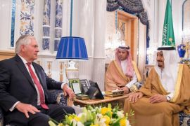 King Salman bin Abdel Aziz (R) meeting with US Secretary of State Rex Tillerson (L) in Jeddah, , 12 July 2017.