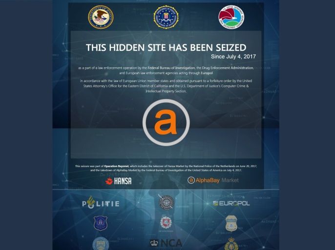 U.S. Justice Department image shows a web screen after it had shut down the dark web marketplace AlphaBay, the site accused of allowing hundreds of thousands of people to buy and sell drugs, firearms, computer hacking tools and other illicit goods, released in Washington, DC, U.S., July 20, 2017. Courtesy U.S. Justice Department/Handout via REUTERS ATTENTION EDITORS - THIS IMAGE WAS PROVIDED BY A THIRD PARTY.