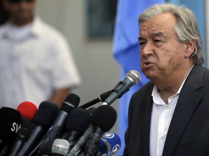United Nations Secretary General Antonio Guterres delivers a statement to the media, during a visit to a UN School in Beit Lahia in the northern Gaza Strip on August 30, 2017. / AFP PHOTO / MAHMUD HAMS (Photo credit should read MAHMUD HAMS/AFP/Getty Images)