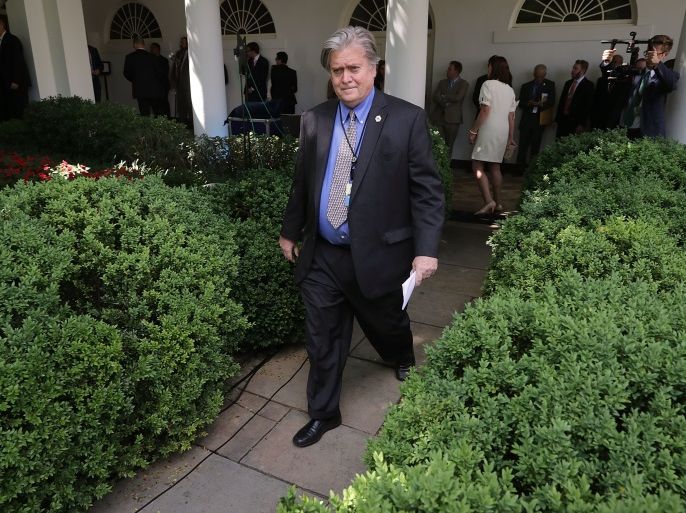 WASHINGTON, DC - JUNE 01: Senior Counselor to the President Steve Bannon walks into the Rose Garden before President Donald Trump announces his decision to pull out of the Paris climate agreement at the White House June 1, 2017 in Washington, DC. Trump pledged on the campaign trail to withdraw from the accord, which former President Barack Obama and the leaders of 194 other countries signed in 2015 to deal with greenhouse gas emissions mitigation, adaptation and finance so to limit global warming to a manageable level. (Photo by Chip Somodevilla/Getty Images)