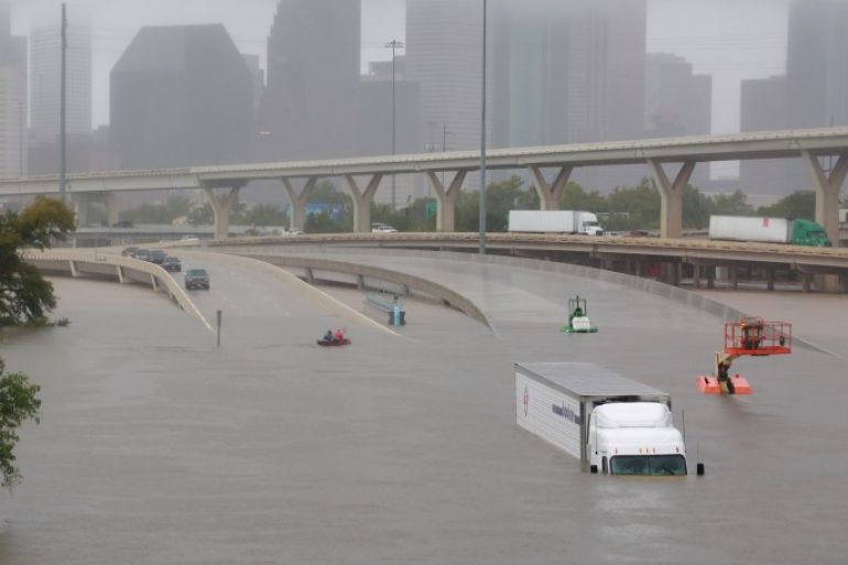 Interstate highway 45 is submerged from the effects of Hurricane Harvey seen during widespread flooding in Houston, Texas, U.S. August 27, 2017. REUTERS/Richard Carson TPX IMAGES OF THE DAY