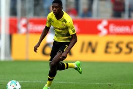 ESSEN, GERMANY - JULY 11: Ousmane Dembele of Dortmund runs with the ball during the preseason friendly match between Rot-Weiss Essen and Borussia Dortmund at Stadion Essen on July 11, 2017 in Essen, Germany. (Photo by Christof Koepsel/Bongarts/Getty Images)