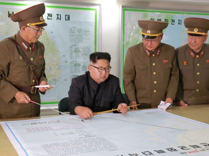 North Korean leader Kim Jong Un visits the Command of the Strategic Force of the Korean People's Army (KPA) in an unknown location in North Korea in this undated photo released by North Korea's Korean Central News Agency (KCNA) on August 15, 2017. KCNA/via REUTERS ATTENTION EDITORS - THIS PICTURE WAS PROVIDED BY A THIRD PARTY. NO THIRD PARTY SALES. SOUTH KOREA OUT. NO COMMERCIAL OR EDITORIAL SALES IN SOUTH KOREA. PICTURE BLURRED AT SOURCE. TPX IMAGES OF THE DAY