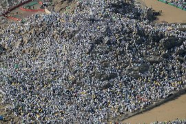 An aerial view shows Muslim pilgrims gathering on Mount Arafat, also known as Jabal al-Rahma (Mount of Mercy), southeast of the Saudi holy city of Mecca, on Arafat Day which is the climax of the Hajj pilgrimage on August 31, 2017.Arafat is the site where Muslims believe the Prophet Mohammed gave his last sermon about 14 centuries ago after leading his followers on the pilgrimage. / AFP PHOTO / KARIM SAHIB (Photo credit should read KARIM SAHIB/AFP/Getty Images)