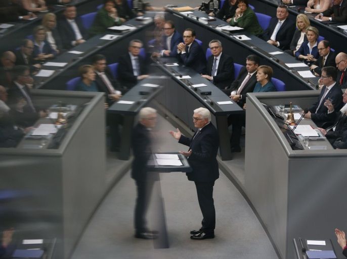 New German President Frank-Walter Steinmeier addresses the Bundestag after the swearing-in ceremony at the lower house of parliament Bundestag in Berlin, Germany, March 22, 2017. REUTERS/Fabrizio Bensch