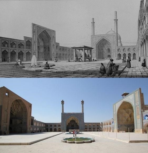 رسمة للمسجد الجامع عام 1840م وصورة فوتوغرافية حديثة له (مواقع التواصل)