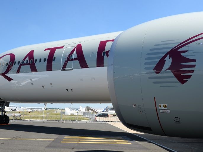 A Qatar Airways Boeing 777-300 is moved on the Tarmac of Le Bourget airport on June 18, 2017 on the eve of the opening of the International Paris Air Show.Saudi Arabia, the United Arab Emirates, Bahrain and Egypt are among several countries that suspended ties with Qatar last week, including the suspension of all flights to and from Doha and an airspace ban on Qatar Airways. / AFP PHOTO / ERIC PIERMONT (Photo credit should read ERIC PIERMONT/AFP/Getty Images)