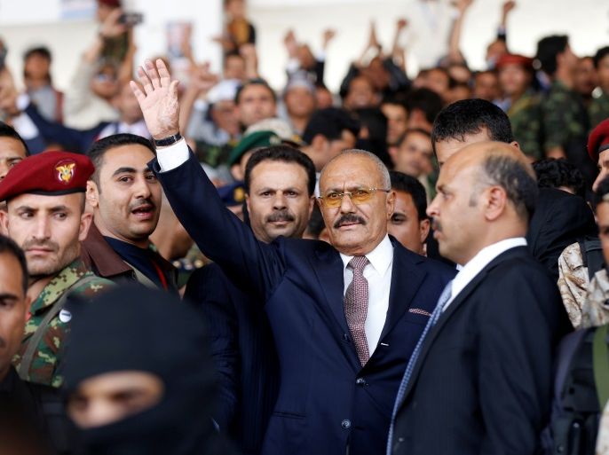 Yemen's former President Ali Abdullah Saleh, gestures to supporters as he arrives to a rally held to mark the 35th anniversary of the establishment of his General People's Congress party in Sanaa, Yemen August 24, 2017. REUTERS/Khaled Abdullah