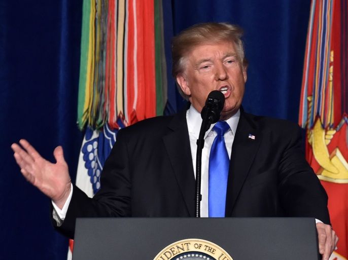 US President Donald Trump speaks during his address to the nation from Joint Base Myer-Henderson Hall in Arlington, Virginia, on August 21, 2017.Trump Monday left the door open to a possible political agreement with the Taliban, in an address to the nation on America's strategy in the 16-year Afghan conflict. 'Some day, after an effective military effort, perhaps it will be possible to have a political sentiment that includes elements of the Taliban in Afghanistan,' he said. / AFP PHOTO / Nicholas Kamm (Photo credit should read NICHOLAS KAMM/AFP/Getty Images)