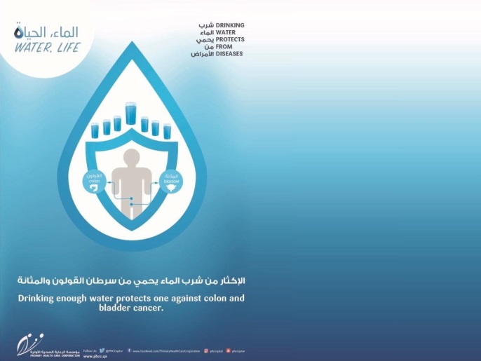 بوستر من مؤسسة الرعاية الصحية الأزلية في قطر عن صفحتها بالفيسبوك: الإكثار من شرب الماء يحمي من سرطان القولون والمثانة.