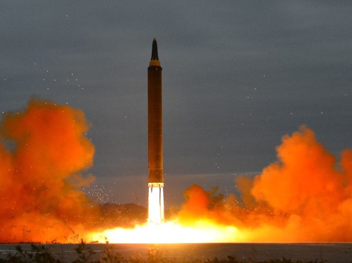 A missile is launched during a long and medium-range ballistic rocket launch drill in this undated photo released by North Korea's Korean Central News Agency (KCNA) in Pyongyang on August 30, 2017. KCNA/via REUTERS ATTENTION EDITORS - THIS IMAGE WAS PROVIDED BY A THIRD PARTY. REUTERS IS UNABLE TO INDEPENDENTLY VERIFY THIS IMAGE. SOUTH KOREA OUT. NO THIRD PARTY SALES. NOT FOR USE BY REUTERS THIRD PARTY DISTRIBUTORS.