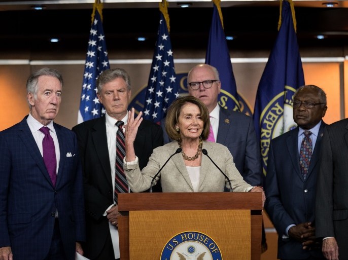 WASHINGTON, DC - JULY 28: Surrounded by members of the House Democratic leadership, House Minority Leader Nancy Pelosi (D-CA) speaks during a press conference regarding the Senate's defeat of the GOP health care plan, on Capitol Hill, July 28, 2017 in Washington, DC. Senate Republicans failed to pass a stripped-down, or 'Skinny Repeal,' version of Obamacare reform early Friday morning. (Photo by Drew Angerer/Getty Images)