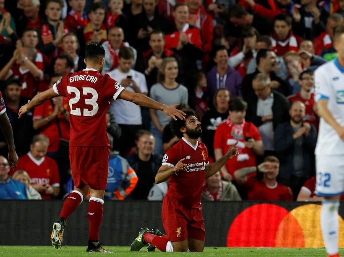 Soccer Football - Champions League - Playoffs - Liverpool vs TSG 1899 Hoffenheim - Liverpool, Britain - August 23, 2017 Liverpool's Mohamed Salah celebrates scoring their second goal REUTERS/Phil Noble