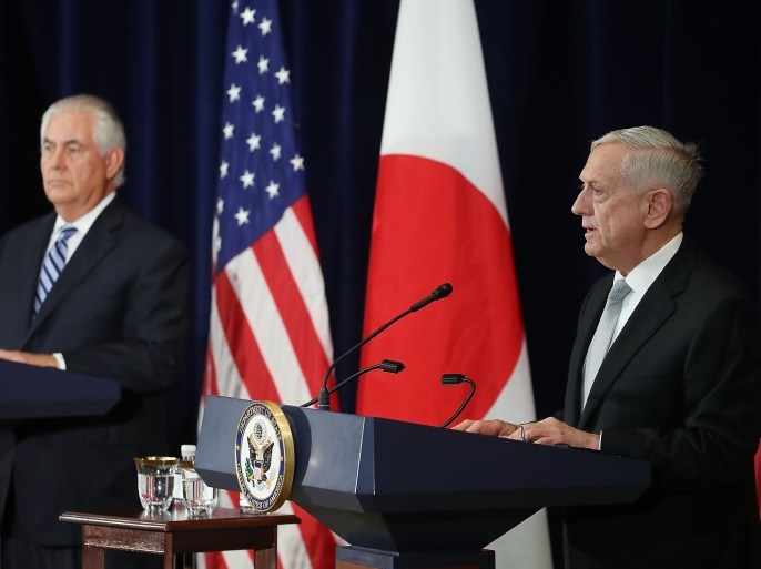 WASHINGTON, DC - AUGUST 17: Defense Secretary Jim Mattis (R) speaks about North Korea while flanked by Secretary of State Rex Tillerson after a meeting of the U.S.-Japan Security Consultative Committee at the State Department, on August 17, 2017 in Washington, DC. (Photo by Mark Wilson/Getty Images)