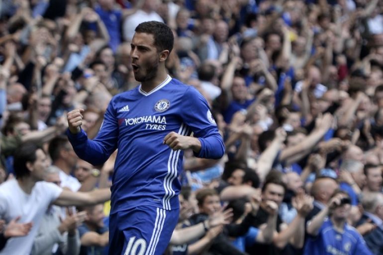 Britain Football Soccer - Chelsea v Sunderland - Premier League - Stamford Bridge - 21/5/17 Chelsea's Eden Hazard celebrates scoring their second goal Reuters / Hannah McKay Livepic EDITORIAL USE ONLY. No use with unauthorized audio, video, data, fixture lists, club/league logos or