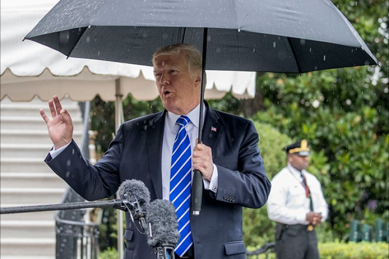 epa06188193 US President Donald J. Trump delivers remarks to the news media prior to boarding Marine One on the South Lawn of the White House in Washington, DC, USA, 06 September 2017. President Trump responded to a question about North Korea. EPA-EFE/SHAWN THEW