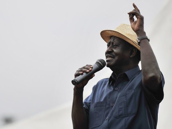 Kenya's opposition leader Raila Odinga, of the opposition National Super Alliance (NASA) party, speaks during a political rally on September 3, 2017 in the Nairobi suburb of Huruma. Sparks were flying in Kenya on September 3 as the main rival of President Uhuru Kenyatta called for the ousting of members of the country's election commission, likening them to 'hyenas', while judges slammed 'veiled threats' by the president after the shock annulment of his re-election victory. / AFP PHOTO / TONY KARUMBA (Photo credit should read TONY KARUMBA/AFP/Getty Images)