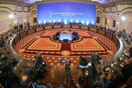 A picture shows a general view during a fifth round of Syria peace talks on July 5, 2017, in Astana.Powerbrokers Russia, Iran and Turkey struggled on July 5 to hammer out details on a plan for safe zones in Syria at a fifth round of peace talks in the Kazakh capital. Moscow and Tehran, which back Syrian President Bashar al-Assad, and rebel supporter Ankara agreed in May to establish four 'de-escalation' zones in a potential breakthrough towards calming a war that has claimed an estimated 320,000 lives since March 2011. / AFP PHOTO / STANISLAV FILIPPOV (Photo credit should read STANISLAV FILIPPOV/AFP/Getty Images)