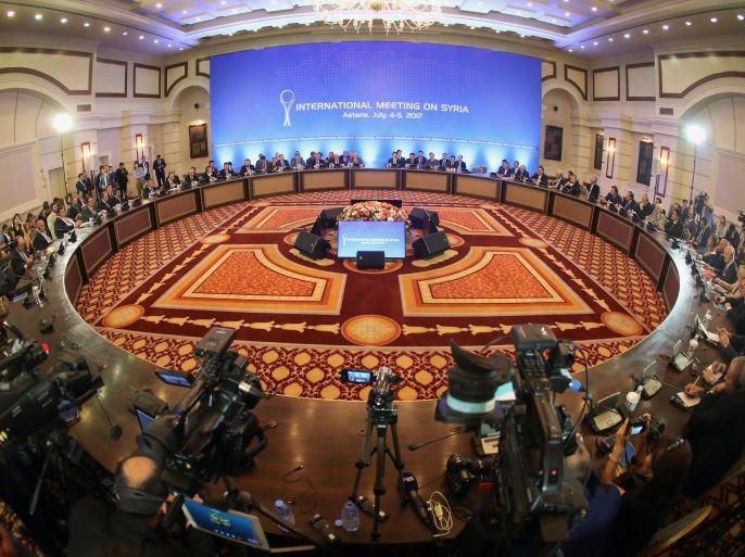 A picture shows a general view during a fifth round of Syria peace talks on July 5, 2017, in Astana.Powerbrokers Russia, Iran and Turkey struggled on July 5 to hammer out details on a plan for safe zones in Syria at a fifth round of peace talks in the Kazakh capital. Moscow and Tehran, which back Syrian President Bashar al-Assad, and rebel supporter Ankara agreed in May to establish four 'de-escalation' zones in a potential breakthrough towards calming a war that has claimed an estimated 320,000 lives since March 2011. / AFP PHOTO / STANISLAV FILIPPOV (Photo credit should read STANISLAV FILIPPOV/AFP/Getty Images)
