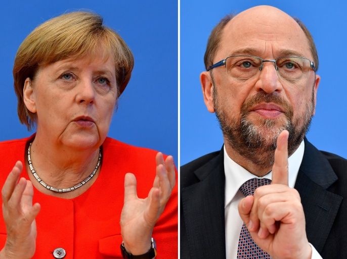 (COMBO) This combination created on September 1, 2017 of file pictures shows German Chancellor Angela Merkel, also leader of the conservative Christian Democratic Union (CDU) party (L, on August 29, 2017 in Berlin) and Martin Schulz, leader of Germany's social democratic SPD party and candidate for Chancellor (June 27, 2017 in Berlin).Angela Merkel, Germany's cool and collected chancellor, will go head-to-head Sunday, September 3, 2017, with her fiery challenger Martin Schulz in their only television debate before this month's general elections, in a crucial match that could sway millions of voters. / AFP PHOTO / Tobias SCHWARZ (Photo credit should read TOBIAS SCHWARZ/AFP/Getty Images)